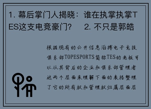 1. 幕后掌门人揭晓：谁在执掌执掌TES这支电竞豪门？   2. 不只是郭皓：探寻滔搏电竞的真正掌控者 